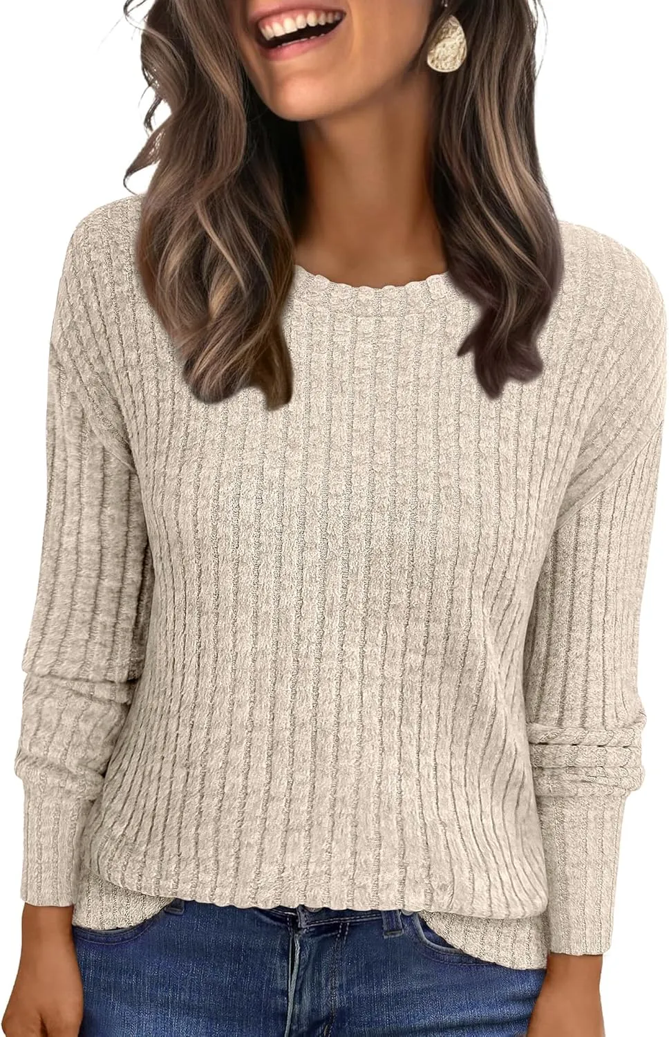 ANRABESS Long Sleeve Shirts for Women Business Casual Crewneck Tunic Tops Lightweight Fall Fashion Sweaters Clothes 2025