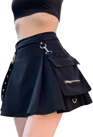 AULKEEP Womens Punk Chain Pleated Skirts Gothis A-Line Black Skirts Solid High Waist Pocket Skirts