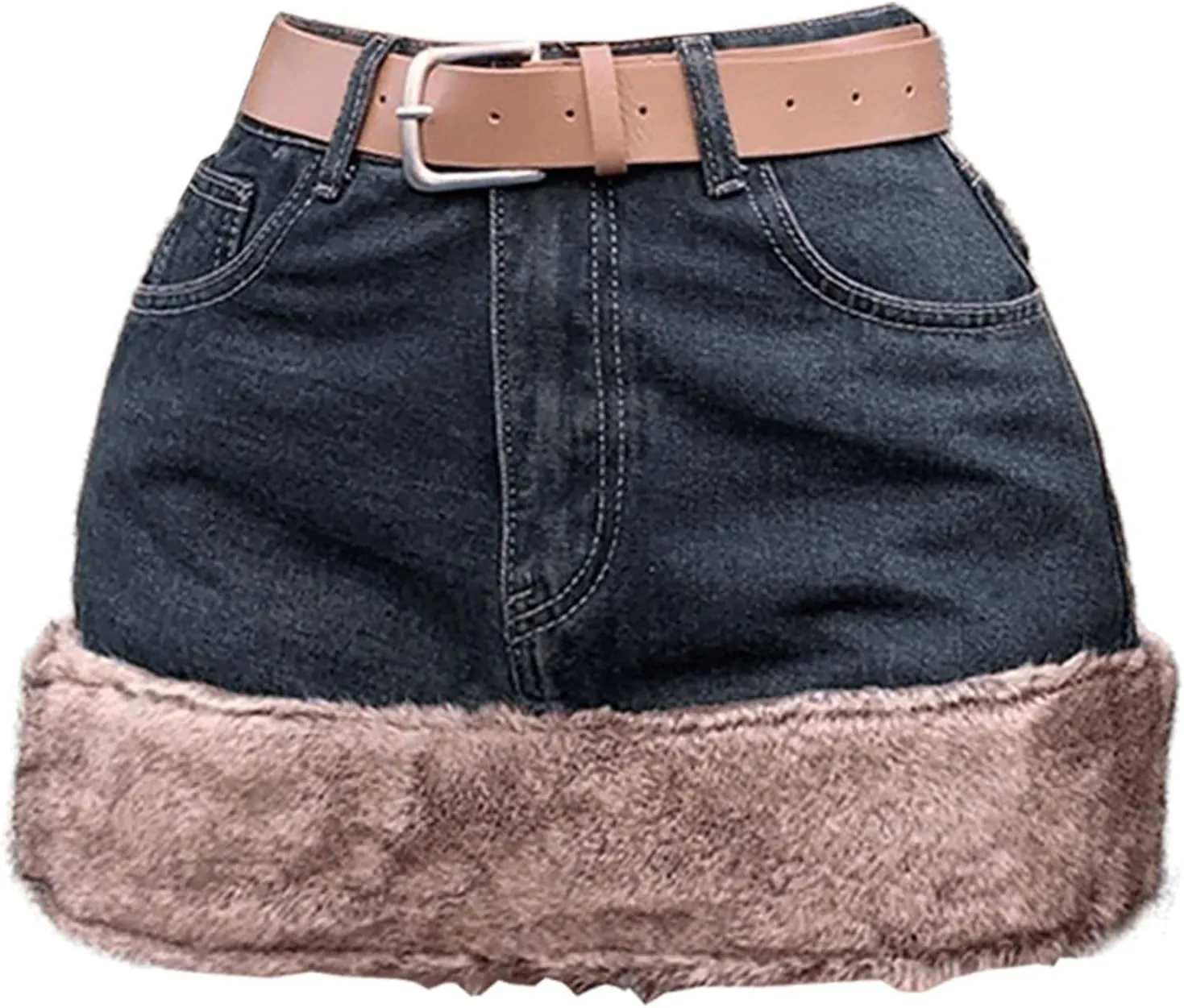 Autumn and Winter Women's Plush Edge Denim Short Skirt, High Waist Tight Denim Belt Skirt