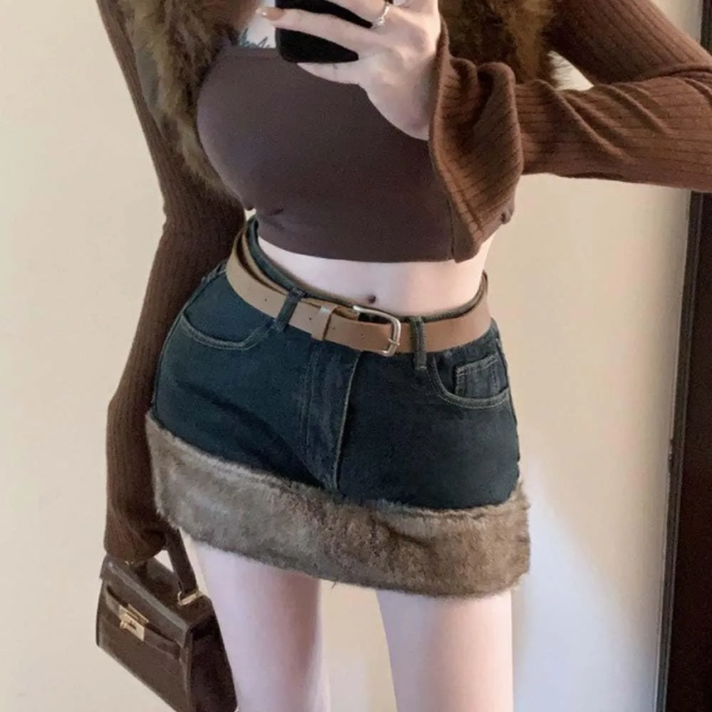 Autumn and Winter Women's Plush Edge Denim Short Skirt, High Waist Tight Denim Belt Skirt