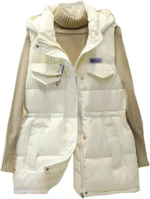 Autumn Winter Women Solid Loose Vest Drawstring Hooded Vest Jacket Cotton Padded Warm Waistcoat