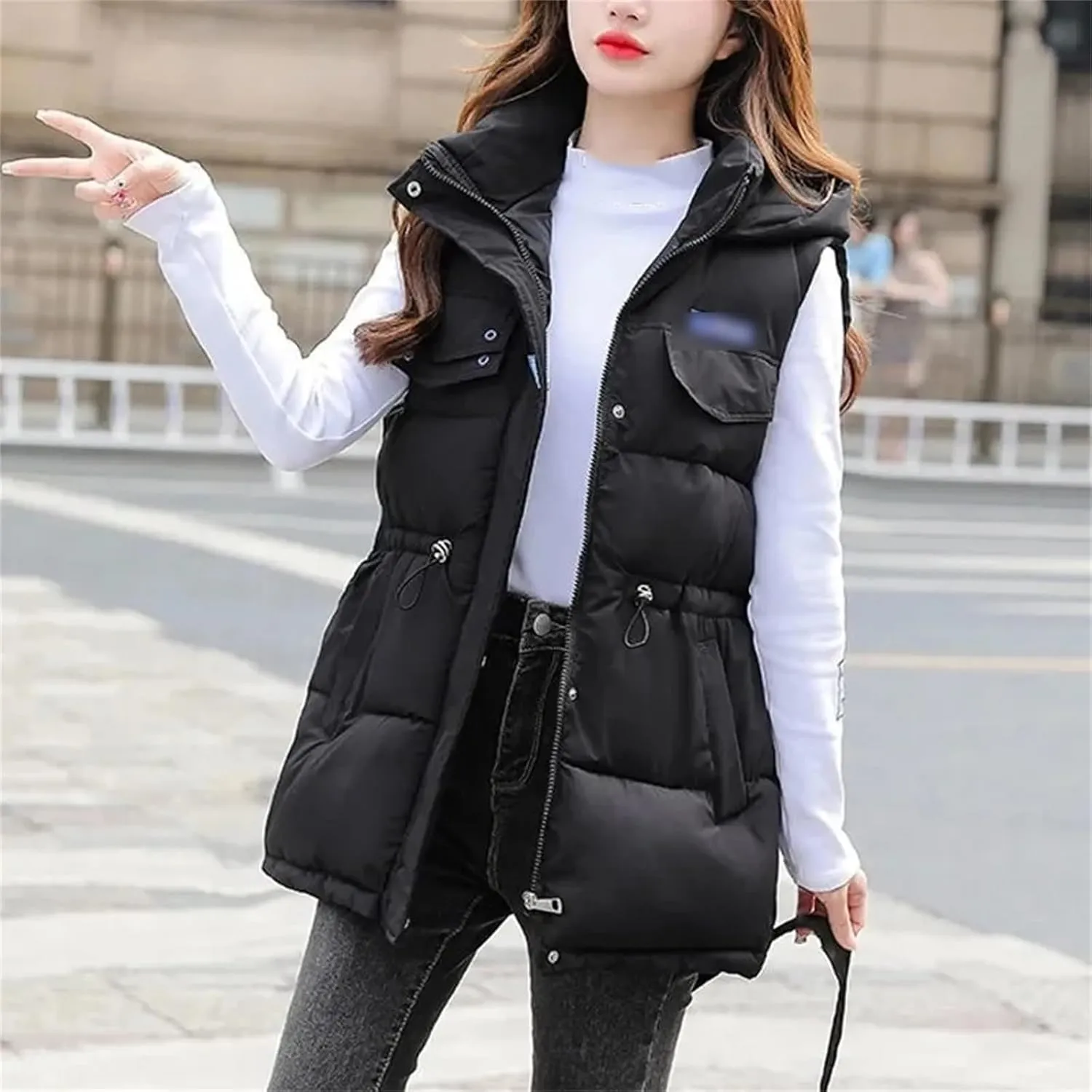Autumn Winter Women Solid Loose Vest Drawstring Hooded Vest Jacket Cotton Padded Warm Waistcoat