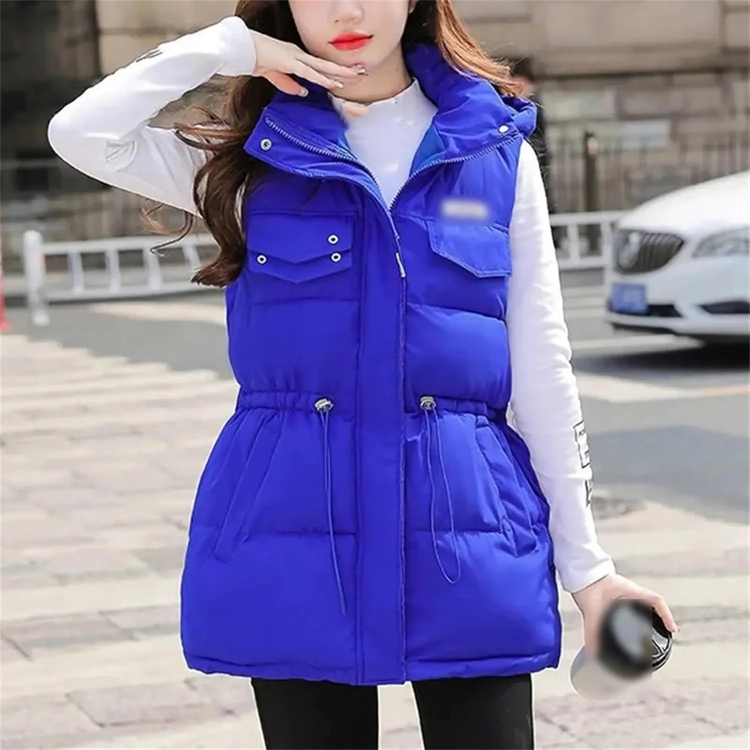 Autumn Winter Women Solid Loose Vest Drawstring Hooded Vest Jacket Cotton Padded Warm Waistcoat