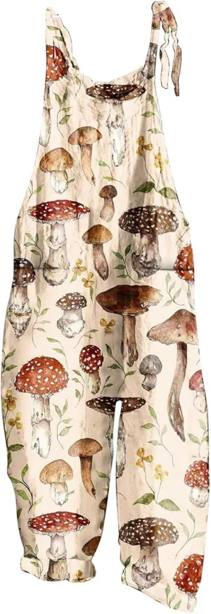 Basysin Summer Jumpsuits for Women Cute Cartoon Mushroom Printed Vintage Overalls Plus Size Casual Spaghetti Strap Jumpsuit
