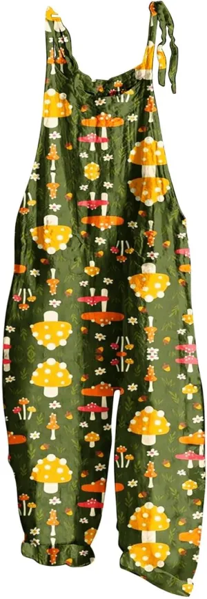 Basysin Summer Jumpsuits for Women Cute Cartoon Mushroom Printed Vintage Overalls Plus Size Casual Spaghetti Strap Jumpsuit