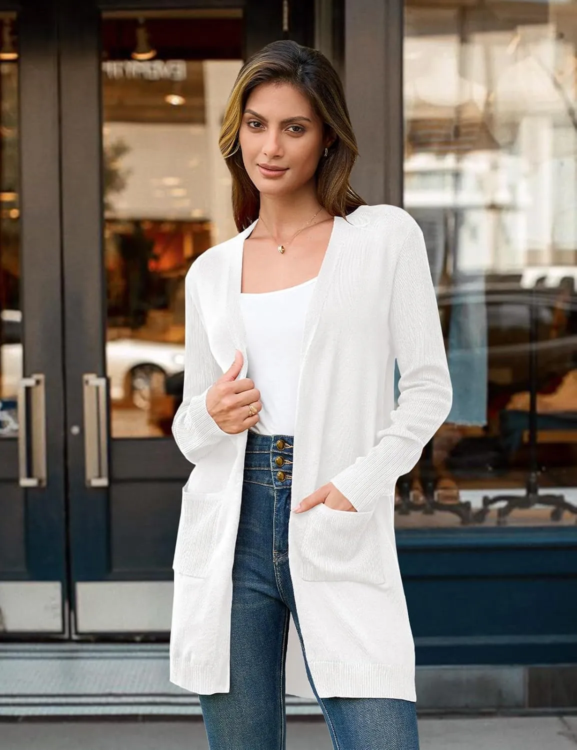 BB&KK Cardigan Sweaters for Women Knit Ribbed Long Sleeve Open Front Casual Winter Lightweight Cardigans with Pockets