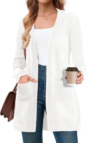 BB&KK Cardigan Sweaters for Women Knit Ribbed Long Sleeve Open Front Casual Winter Lightweight Cardigans with Pockets