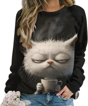 Bengbobar Tops for Women Casual Fall Plus Long Sleeve Crewneck Shirts Cute Cat Graphic Hoodies Trendy Womens Sweatshirt