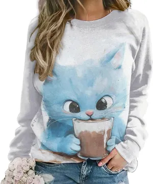 Bengbobar Tops for Women Casual Fall Plus Long Sleeve Crewneck Shirts Cute Cat Graphic Hoodies Trendy Womens Sweatshirt
