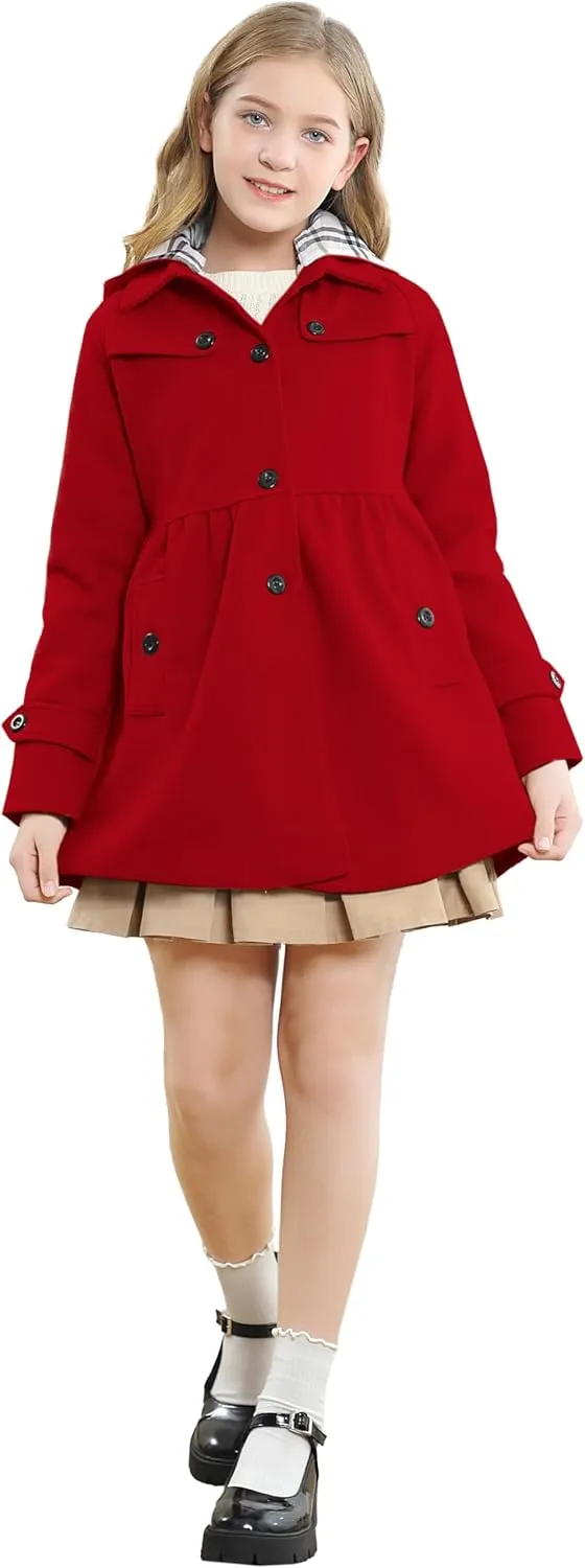 Betusline Girls' Dress Coat, Kids Hoodie Wool Blend Coats Fall Winter Outerwear Peacoat,2-14 Years