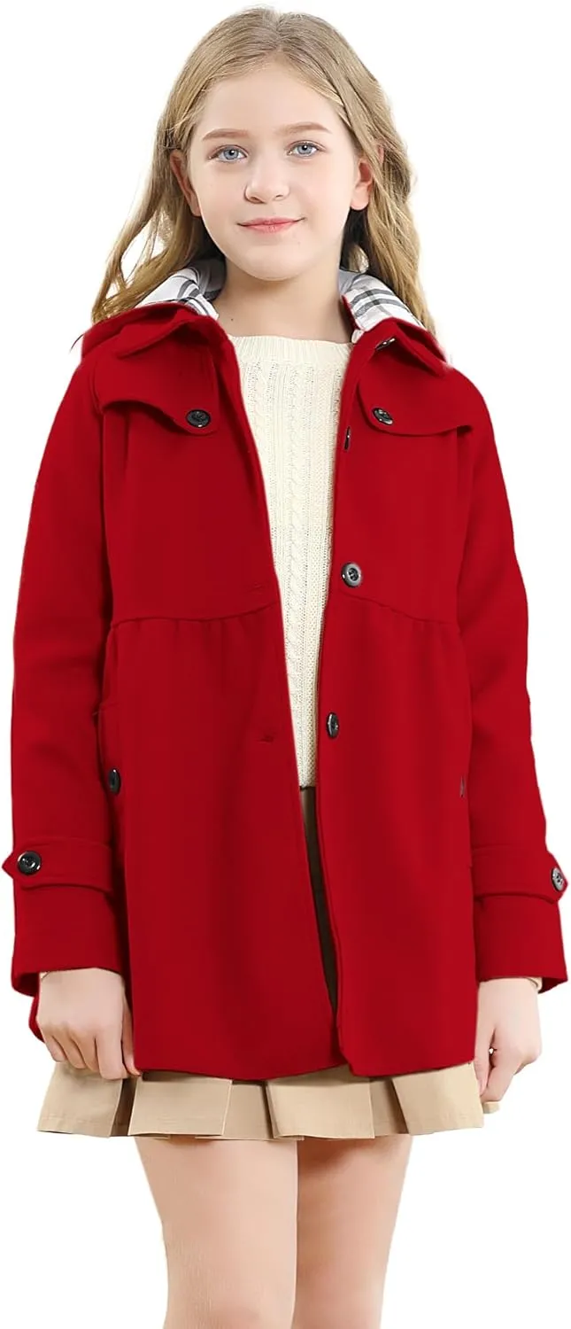 Betusline Girls' Dress Coat, Kids Hoodie Wool Blend Coats Fall Winter Outerwear Peacoat,2-14 Years