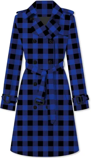 Betusline Women's Double Breasted Classic Windbreaker Jacket Lapel Overcoat Outerwear Plaid Long Trench Coat with Belt