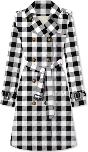 Betusline Women's Double Breasted Classic Windbreaker Jacket Lapel Overcoat Outerwear Plaid Long Trench Coat with Belt