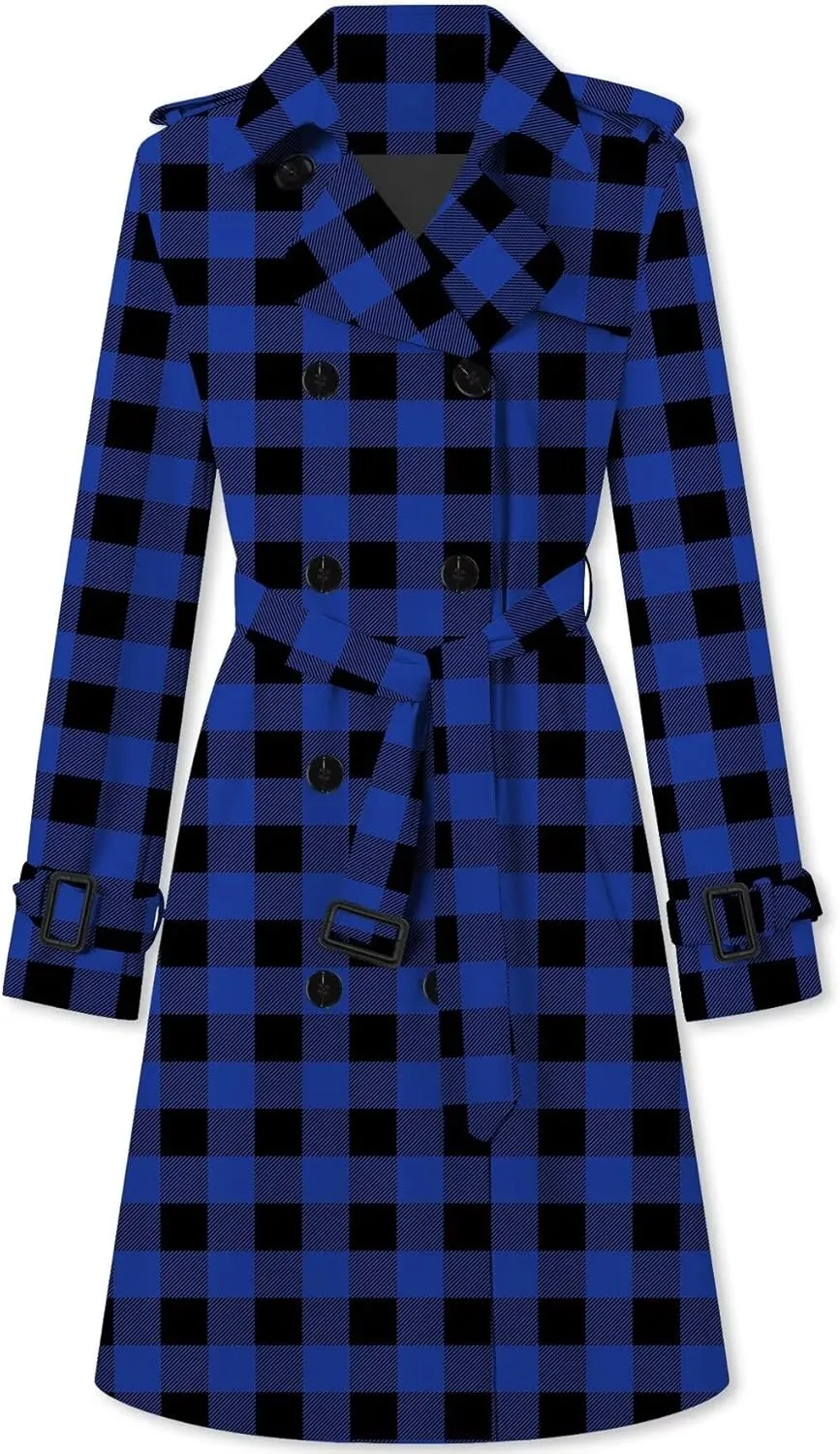 Betusline Women's Double Breasted Classic Windbreaker Jacket Lapel Overcoat Outerwear Plaid Long Trench Coat with Belt