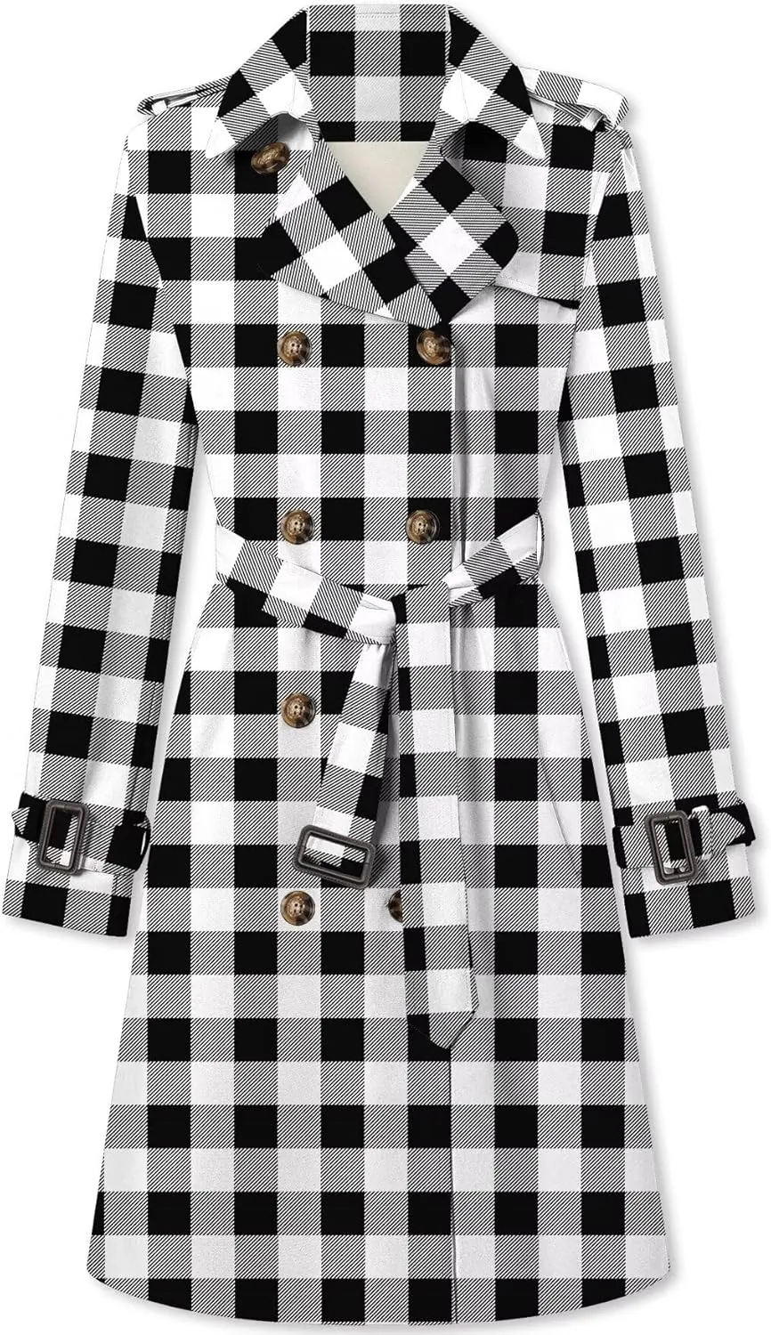 Betusline Women's Double Breasted Classic Windbreaker Jacket Lapel Overcoat Outerwear Plaid Long Trench Coat with Belt