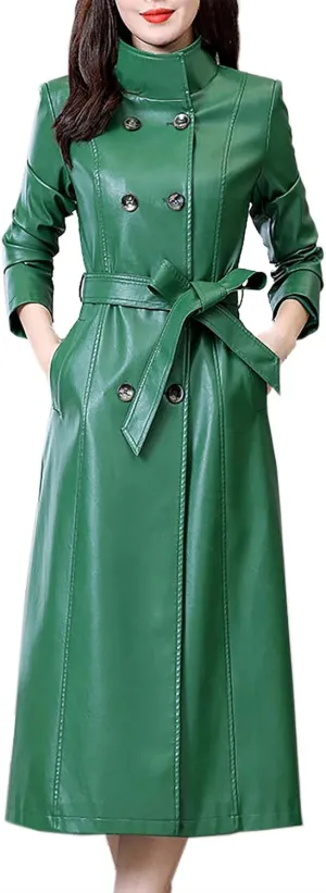 Betusline Womens Faux Leather Jacket Casual Lapel Long PU Trench Coat Outerwear with Belt