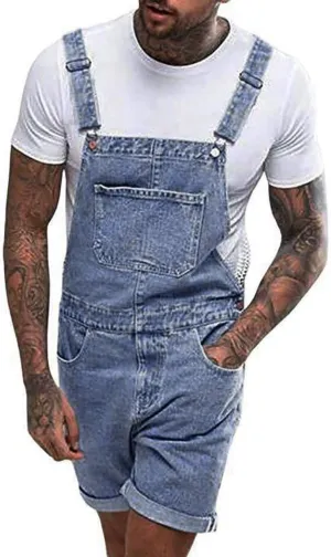 Bib Overalls Men Vintage Big and Tall Jean Shorts Loose Fit Work Jumpsuit with Adjustable Strap Fashion Casual Short