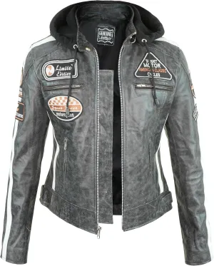 Black Leather Jacket Women with Removable Hood - Real Lambskin Womens Leather Jacket