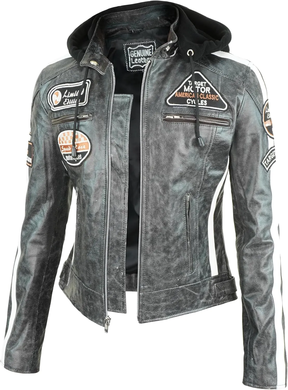 Black Leather Jacket Women with Removable Hood - Real Lambskin Womens Leather Jacket