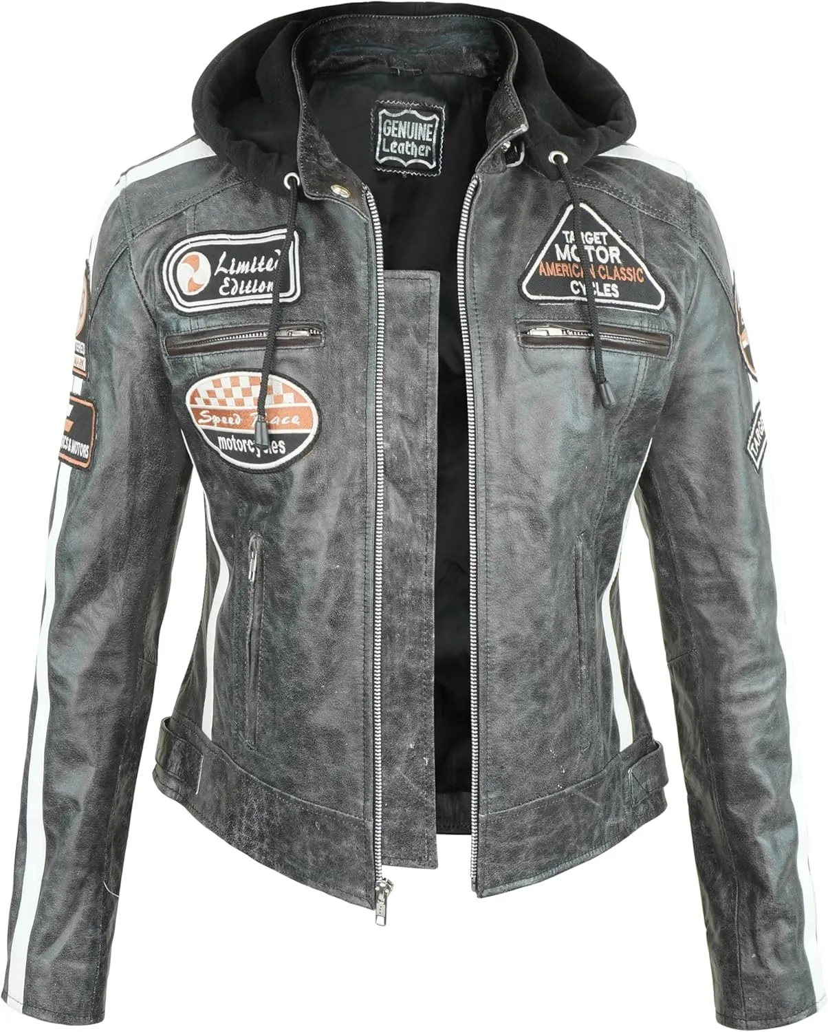 Black Leather Jacket Women with Removable Hood - Real Lambskin Womens Leather Jacket