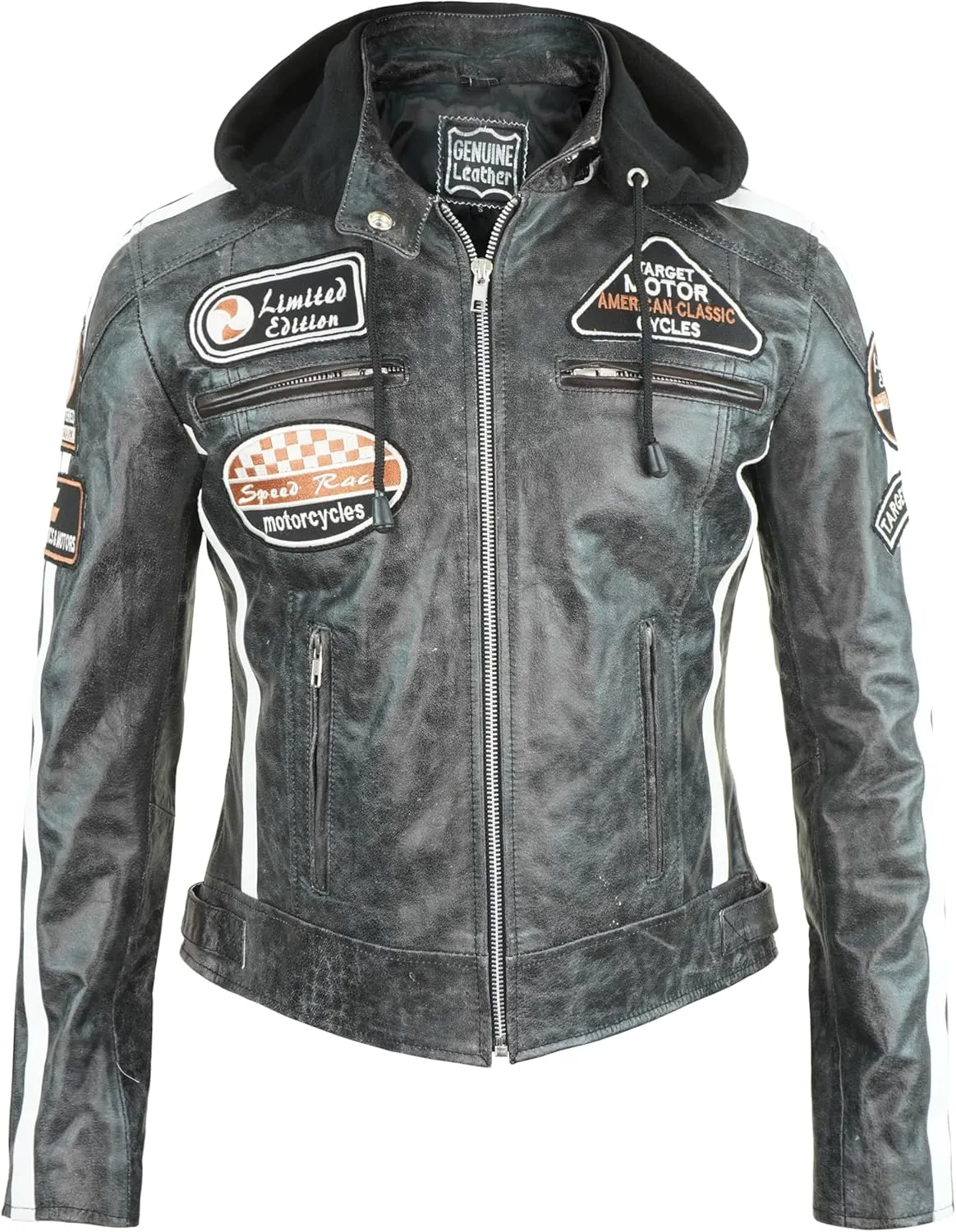 Black Leather Jacket Women with Removable Hood - Real Lambskin Womens Leather Jacket