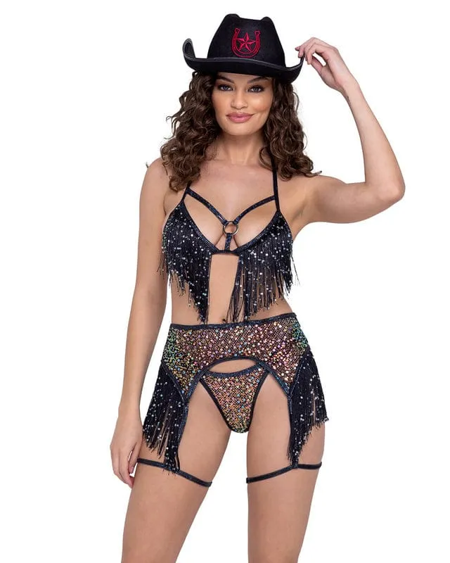 Black Sequin Fishnet w/ Fringe Belt Garter Leg Strap Festival Ravewear