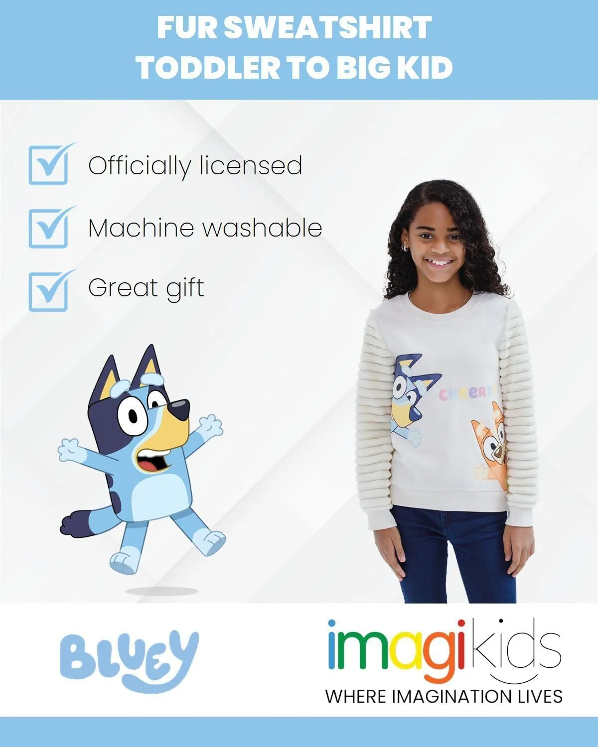 Bluey Girls Fleece Sweatshirt with Faux Fur Sleeves Toddler to Big Kid Sizes (2T - 10-12)