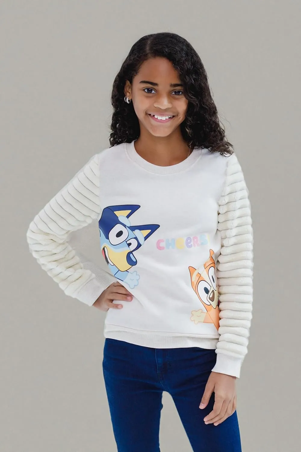 Bluey Girls Fleece Sweatshirt with Faux Fur Sleeves Toddler to Big Kid Sizes (2T - 10-12)