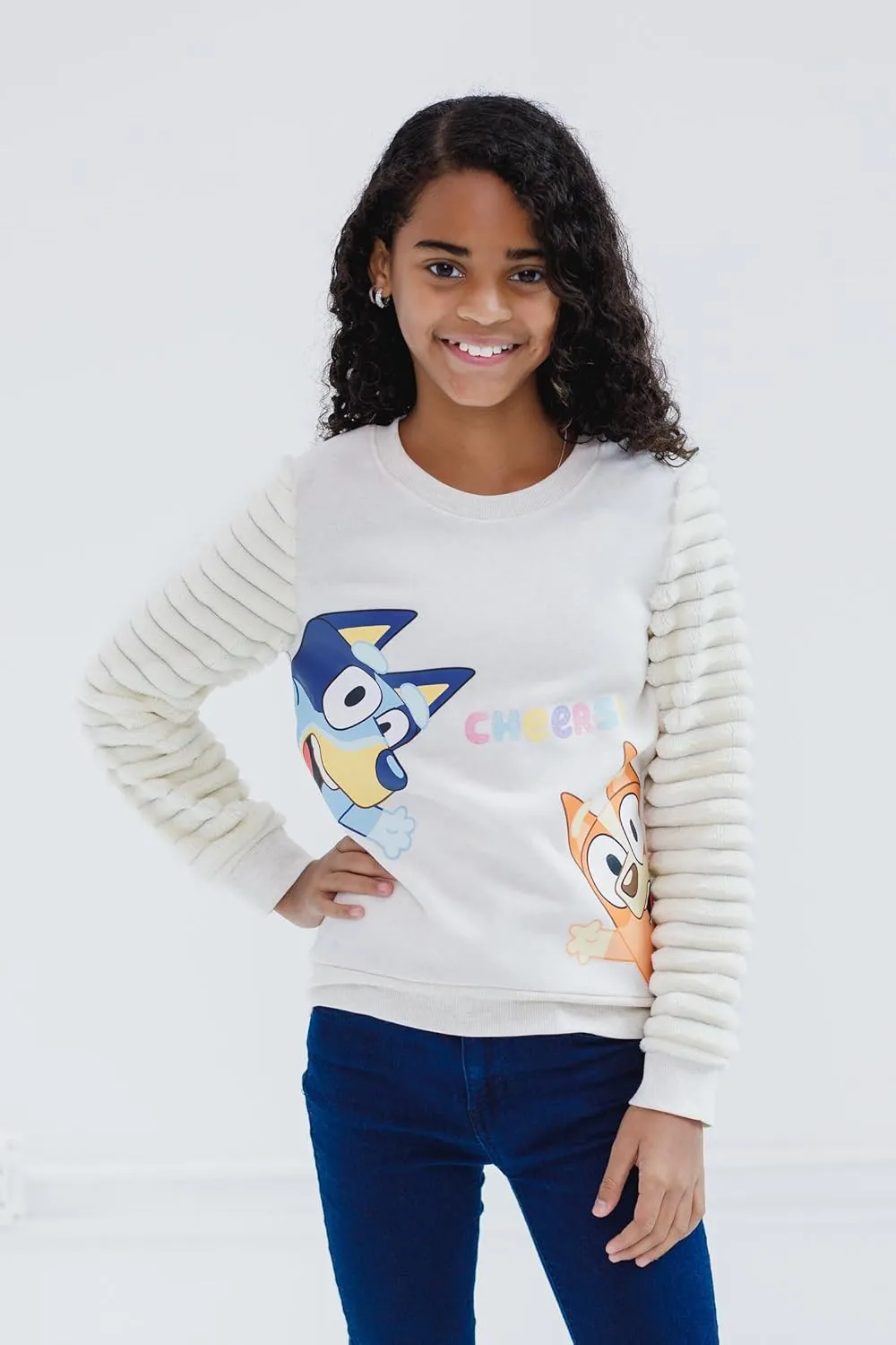 Bluey Girls Fleece Sweatshirt with Faux Fur Sleeves Toddler to Big Kid Sizes (2T - 10-12)