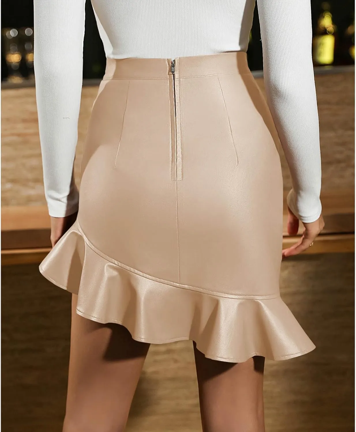 Bodycon Mini Skirts for Women Fashion Faux Leather Elastic High Waisted Skort Elegant Ruffle Hem Pencil Short Skirts