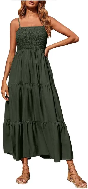Boho Summer Dresses for Women Casual Ruched Maxi Dress Sleeveless Square Neck Cami Dresses Flowy Tiered Sundress