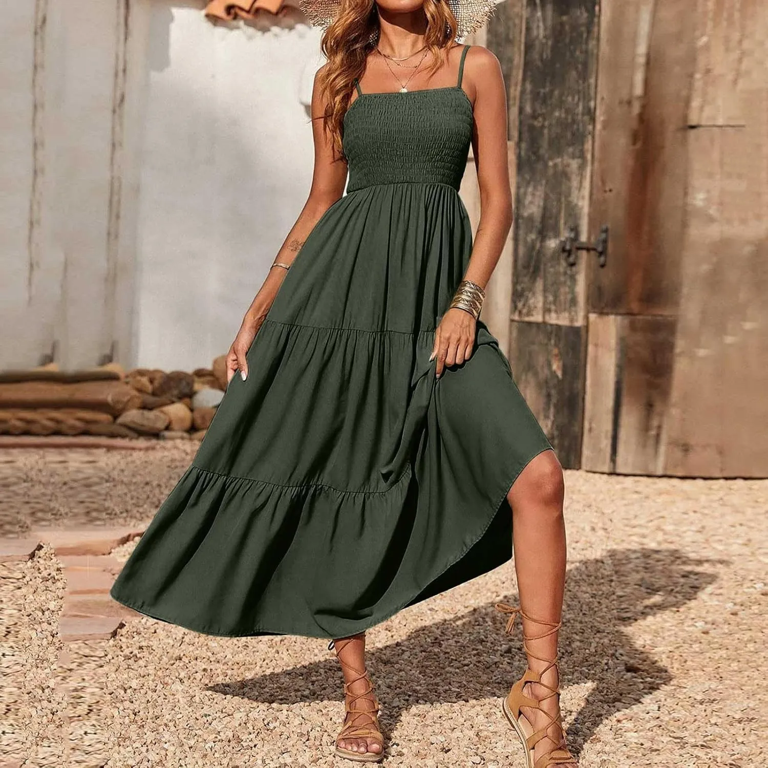 Boho Summer Dresses for Women Casual Ruched Maxi Dress Sleeveless Square Neck Cami Dresses Flowy Tiered Sundress