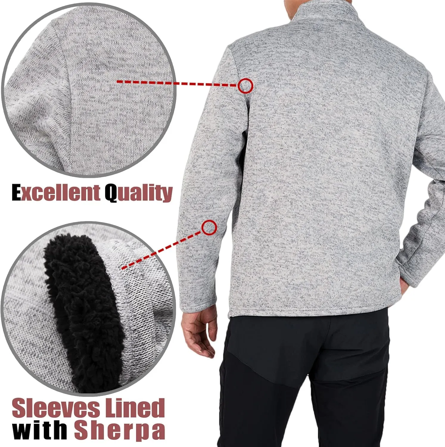 Bonnorth Men's Long Sleeve Sweater Fleece Jacket, Sherpa Lined Full Zip Windproof Outerwear with Zip Pocket