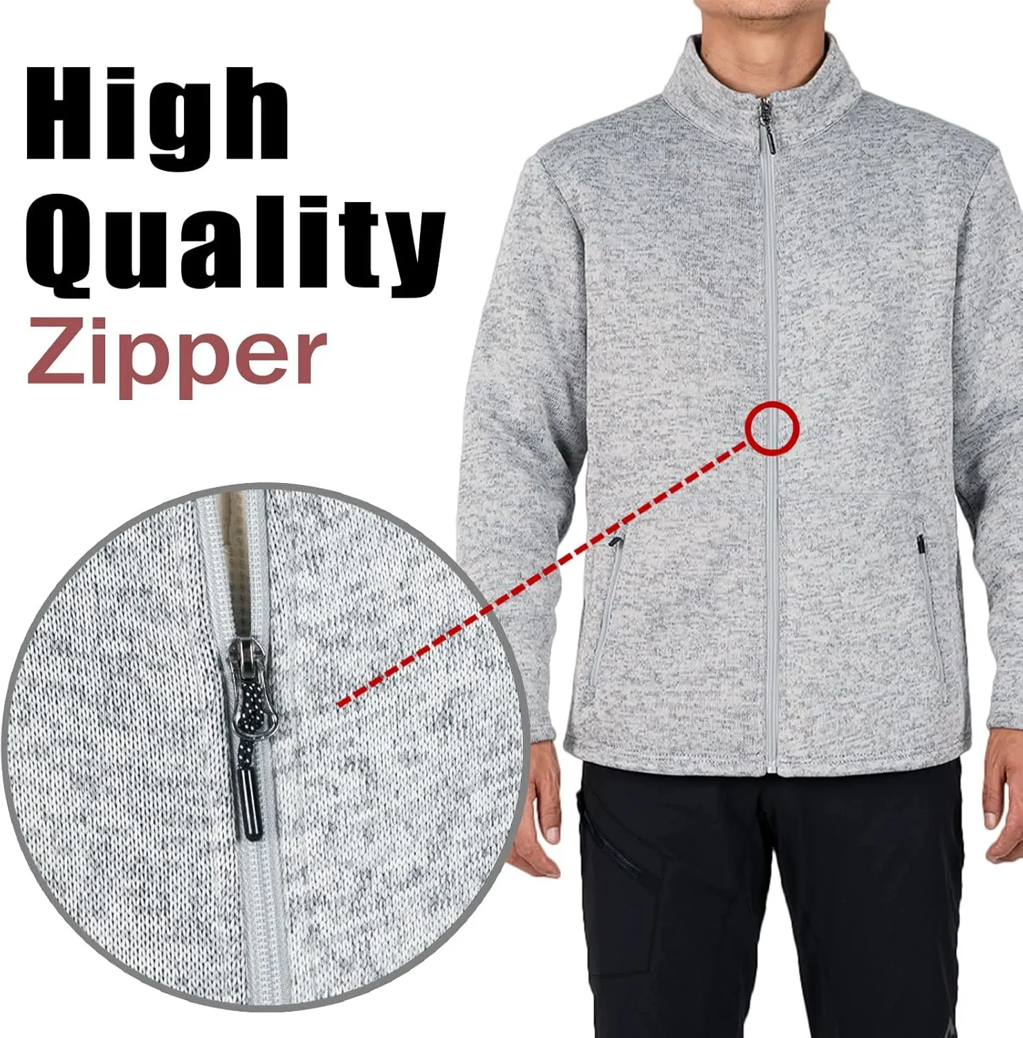 Bonnorth Men's Long Sleeve Sweater Fleece Jacket, Sherpa Lined Full Zip Windproof Outerwear with Zip Pocket