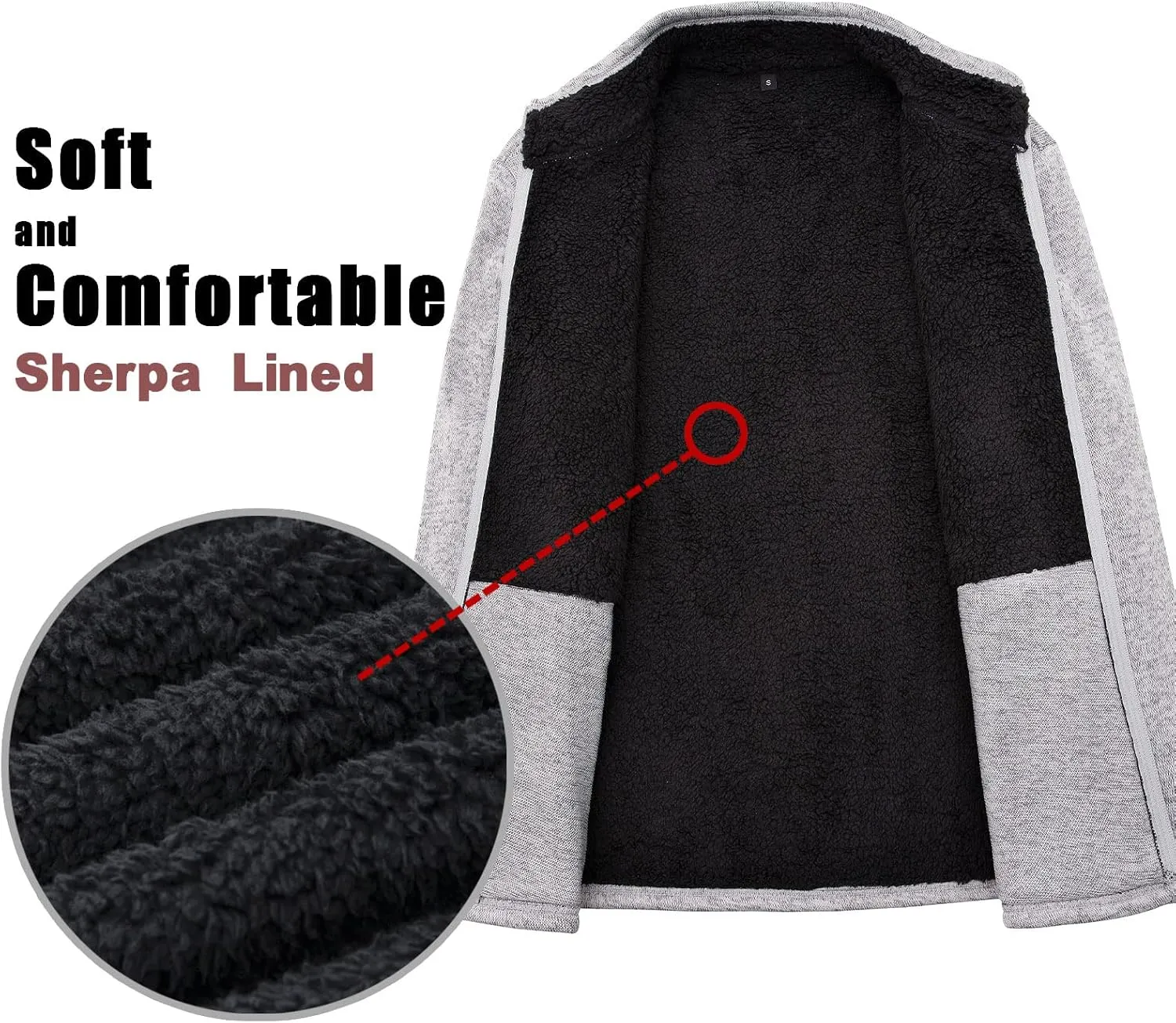 Bonnorth Men's Long Sleeve Sweater Fleece Jacket, Sherpa Lined Full Zip Windproof Outerwear with Zip Pocket