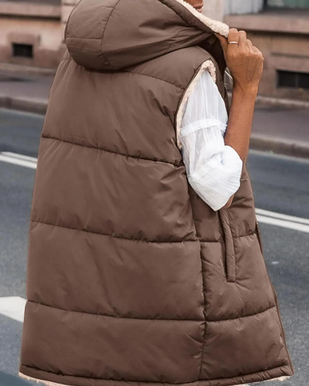 BTFBM Fall Long Puffer Vest Women Sleeveless Hooded Reversible Fleece Sherpa Jacket Zip Up Winter Coat Outerwear Vests