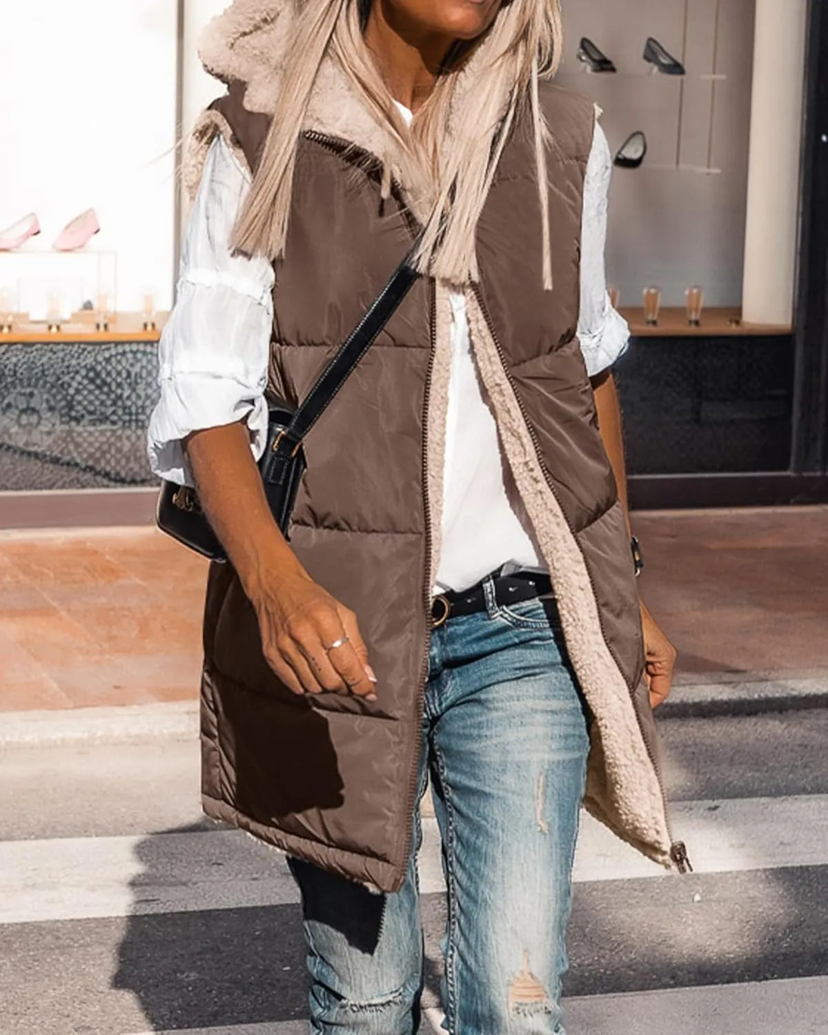 BTFBM Fall Long Puffer Vest Women Sleeveless Hooded Reversible Fleece Sherpa Jacket Zip Up Winter Coat Outerwear Vests