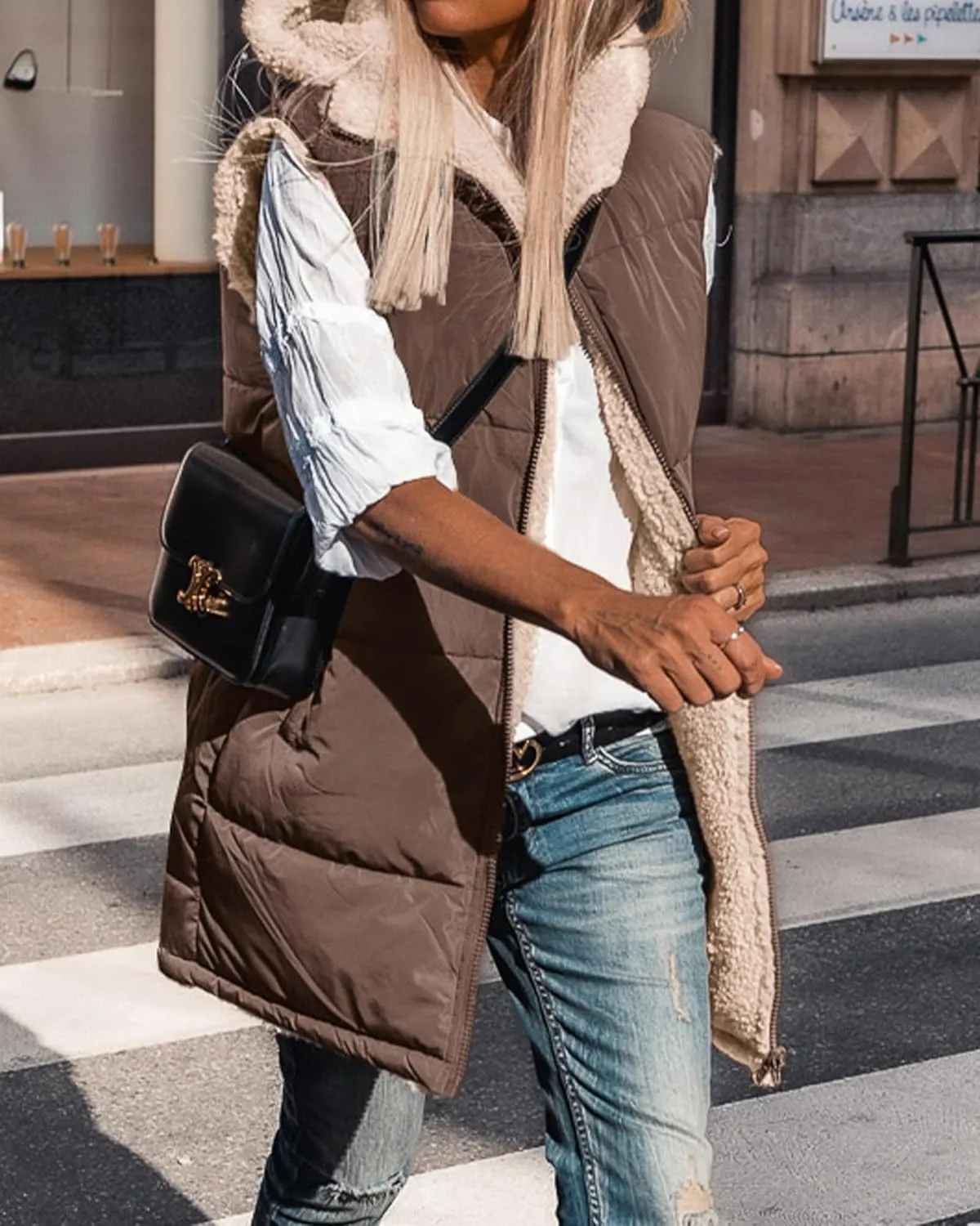 BTFBM Fall Long Puffer Vest Women Sleeveless Hooded Reversible Fleece Sherpa Jacket Zip Up Winter Coat Outerwear Vests