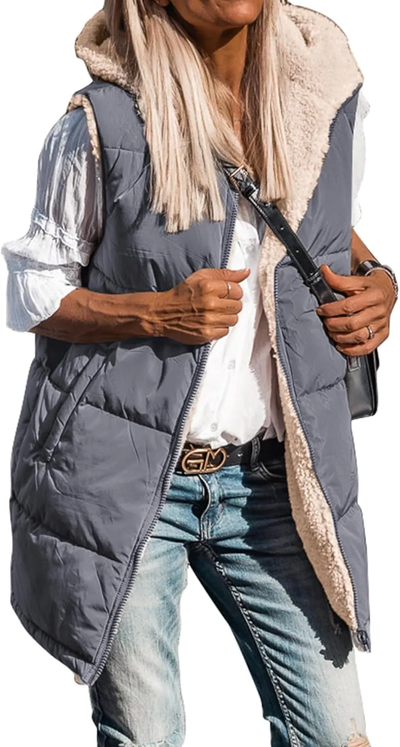 BTFBM Fall Long Puffer Vest Women Sleeveless Hooded Reversible Fleece Sherpa Jacket Zip Up Winter Coat Outerwear Vests