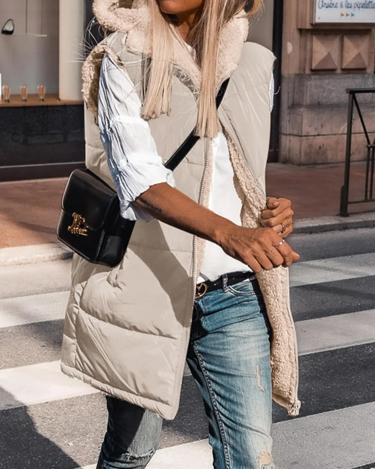 BTFBM Fall Long Puffer Vest Women Sleeveless Hooded Reversible Fleece Sherpa Jacket Zip Up Winter Coat Outerwear Vests