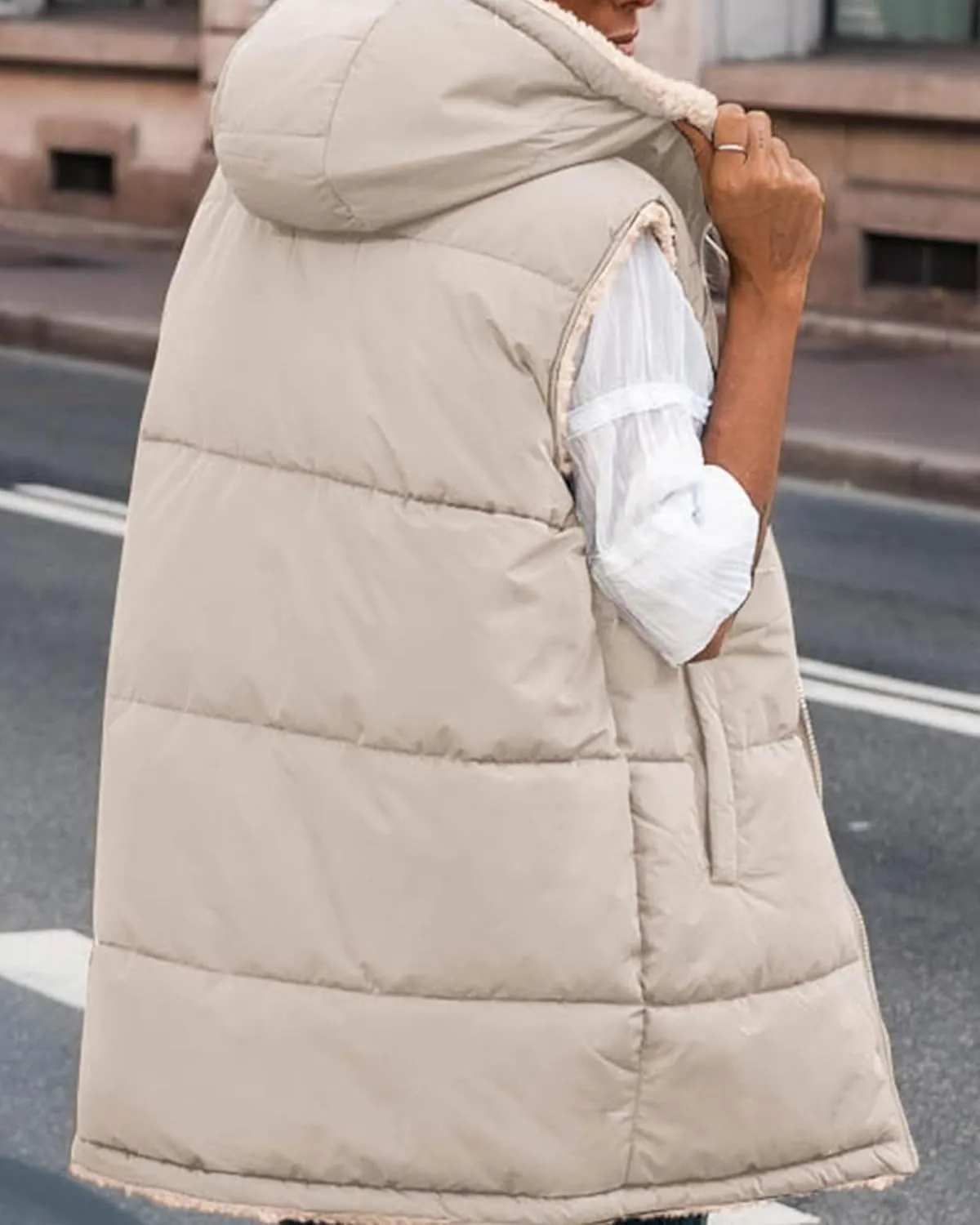 BTFBM Fall Long Puffer Vest Women Sleeveless Hooded Reversible Fleece Sherpa Jacket Zip Up Winter Coat Outerwear Vests