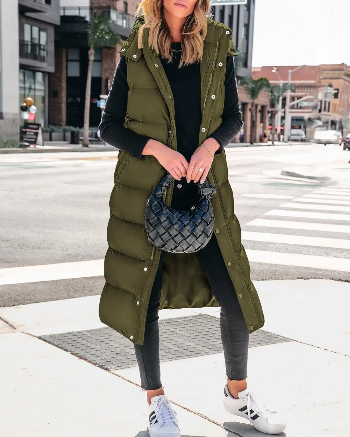 BTFBM Long Puffer Vest Women Quilted Hooded Button Down Zip Up Sleeveless Vests Outerwear Padded Jacket Fall Winter Coat