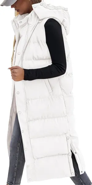 BTFBM Long Puffer Vest Women Quilted Hooded Button Down Zip Up Sleeveless Vests Outerwear Padded Jacket Fall Winter Coat