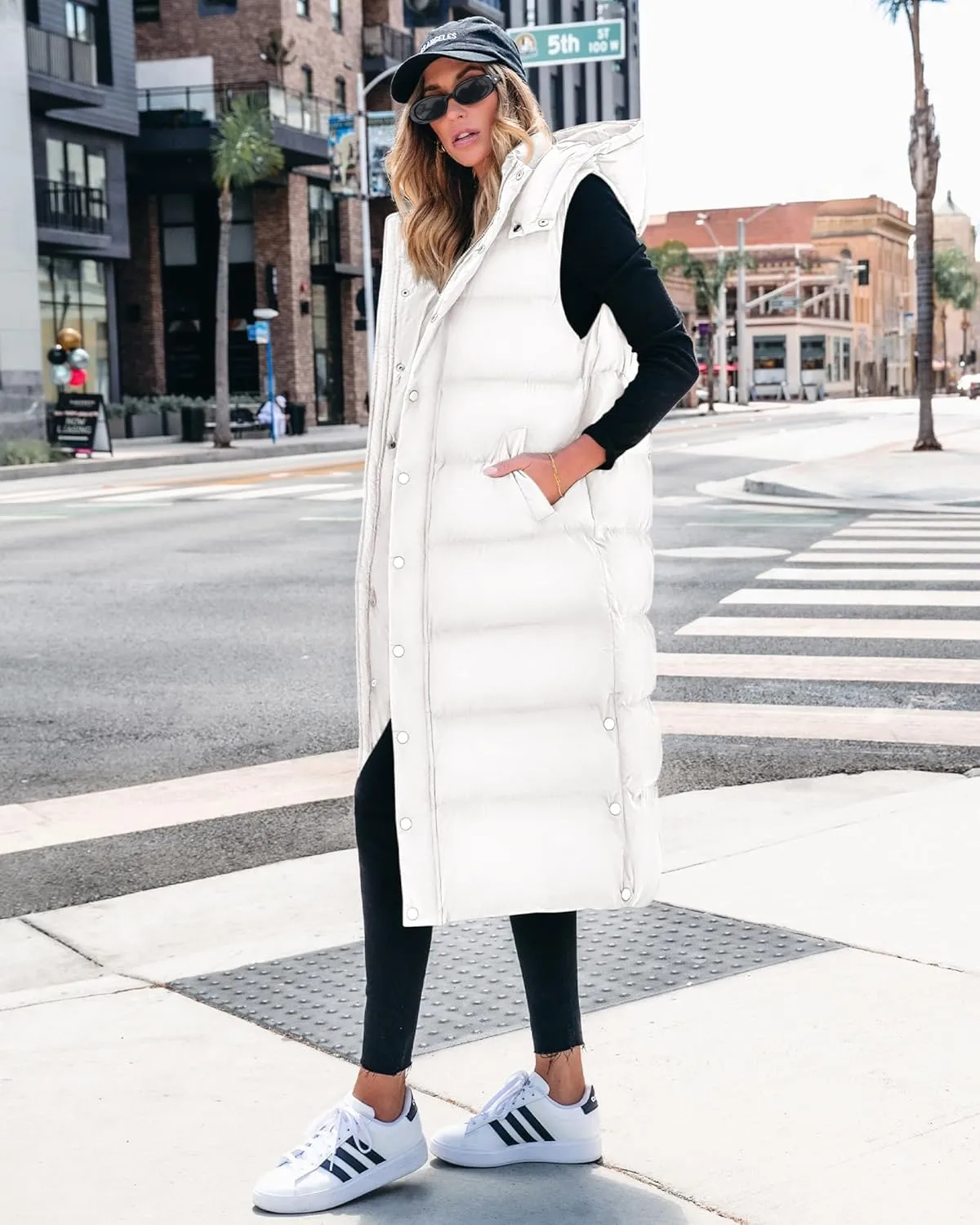 BTFBM Long Puffer Vest Women Quilted Hooded Button Down Zip Up Sleeveless Vests Outerwear Padded Jacket Fall Winter Coat