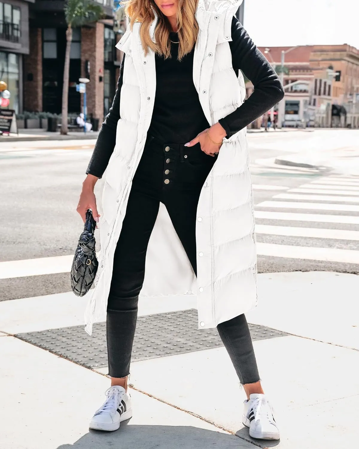BTFBM Long Puffer Vest Women Quilted Hooded Button Down Zip Up Sleeveless Vests Outerwear Padded Jacket Fall Winter Coat