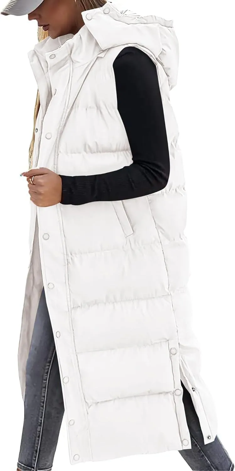 BTFBM Long Puffer Vest Women Quilted Hooded Button Down Zip Up Sleeveless Vests Outerwear Padded Jacket Fall Winter Coat