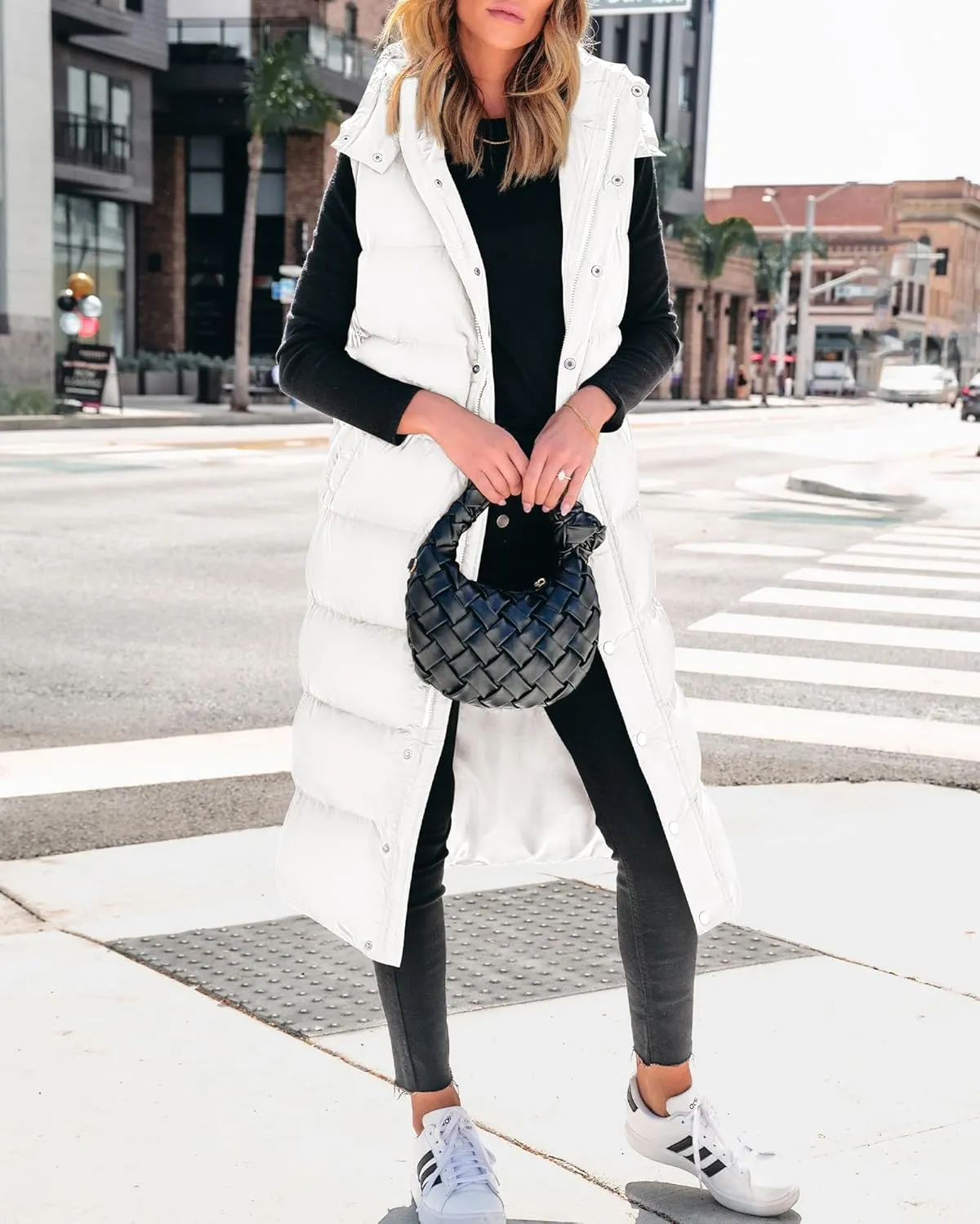 BTFBM Long Puffer Vest Women Quilted Hooded Button Down Zip Up Sleeveless Vests Outerwear Padded Jacket Fall Winter Coat