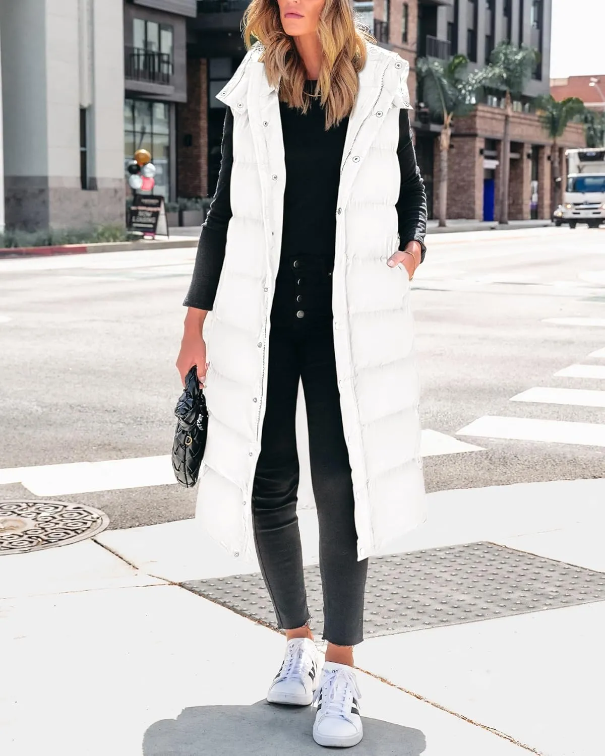 BTFBM Long Puffer Vest Women Quilted Hooded Button Down Zip Up Sleeveless Vests Outerwear Padded Jacket Fall Winter Coat