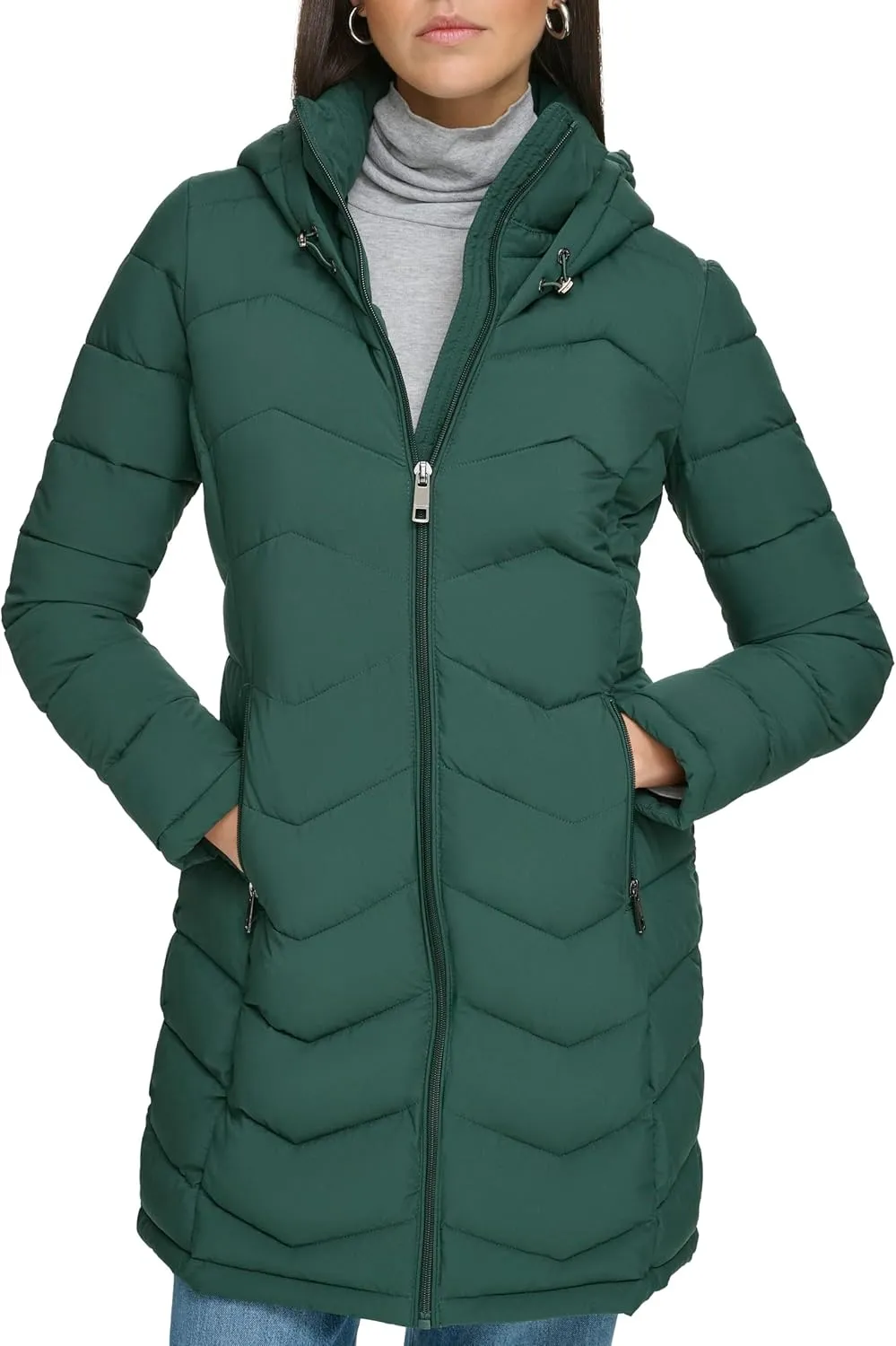 Calvin Klein Women's Long Chevron Bib-Front Lightweight Jacket
