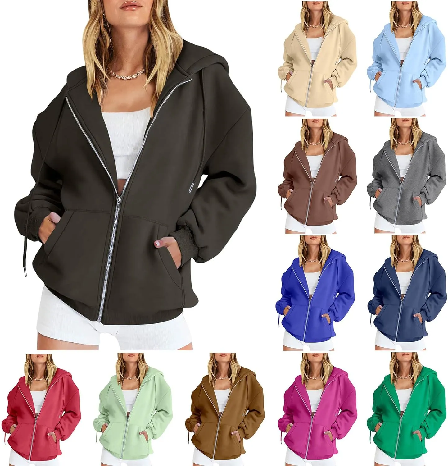 Canbebig Womens Oversized Zip Up Hoodies Y2K Hooded Sweatshirts Casual Drawstring Fall Track Jackets with Pockets Teen Girls